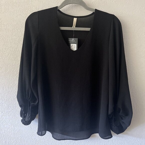 Tyche Black Balloon Sleeve V Neck Womens Blouse Sz S NWT whimseygoth - Picture 3 of 10